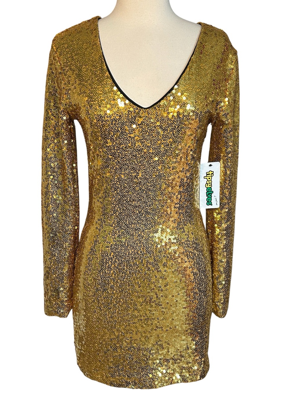 NWT Tipsy Elves Gold Sequin Holiday Party Mini Dress Shift V Neck Lined size S